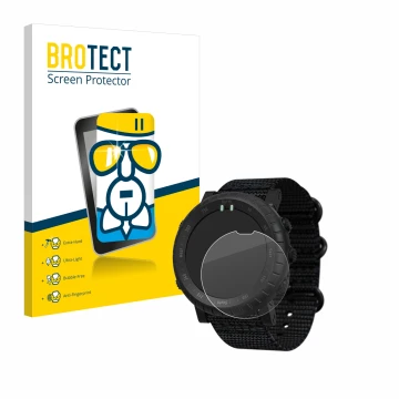 Front side of a product packaging with the brand logo BROTECT. Next to it is the device Suunto Core Alpha shown with the corre