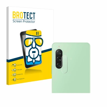 Front side of a product packaging with the brand logo BROTECT. Next to it is the device Sony Xperia 10 V (ONLY Camera Lens) sh