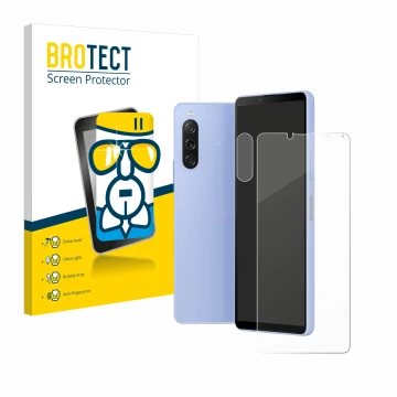 Front side of a product packaging with the brand logo BROTECT. Next to it is the device Sony Xperia 10 V (Front+Camera) shown 