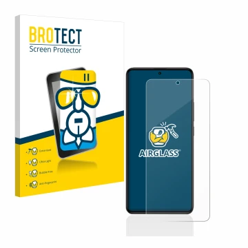 Front side of a product packaging with the brand logo BROTECT. Next to it is the device Xiaomi Poco F5 Pro shown with the corr