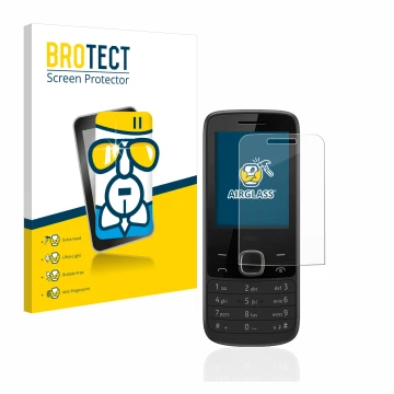 Front side of a product packaging with the brand logo BROTECT. Next to it is the device Nokia 225 4G shown with the correspond