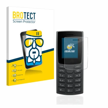 Front side of a product packaging with the brand logo BROTECT. Next to it is the device Nokia 110 (2023) shown with the corres
