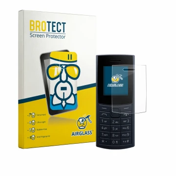 Front side of a product packaging with the brand logo BROTECT. Next to it is the device Nokia 110 4G (2023) shown with the cor