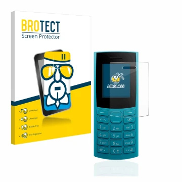 Front side of a product packaging with the brand logo BROTECT. Next to it is the device Nokia 105 4G (2023) shown with the cor