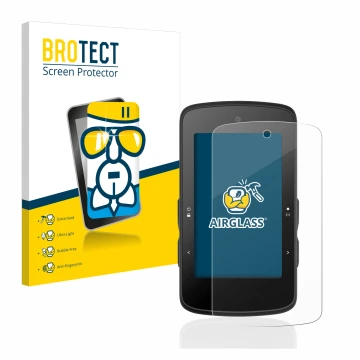 Front side of a product packaging with the brand logo BROTECT. Next to it is the device Bryton Rider 750 SE shown with the cor