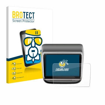 Front side of a product packaging with the brand logo BROTECT. Next to it is the device Tesla Model Y Infotainment System 7.2