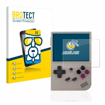 Front side of a product packaging with the brand logo BROTECT. Next to it is the device Anbernic RG35XX shown with the corresp