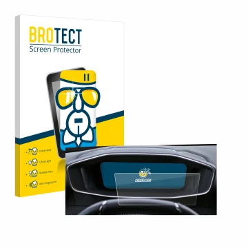 Front side of a product packaging with the brand logo BROTECT. Next to it is the device Peugeot 2008 2022 Cockpit shown with t