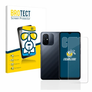 Front side of a product packaging with the brand logo BROTECT. Next to it is the device Xiaomi Redmi 12C (Front+Camera) shown 