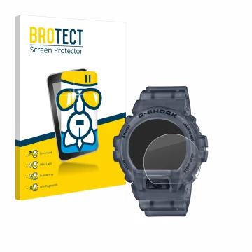Front side of a product packaging with the brand logo BROTECT. Next to it is the device Casio G-Shock DW-6900 shown with the c