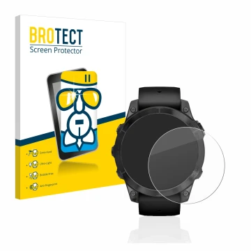 Front side of a product packaging with the brand logo BROTECT. Next to it is the device Garmin Epix Pro (Gen 2) (47 mm) shown 