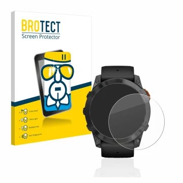 Front side of a product packaging with the brand logo BROTECT. Next to it is the device Garmin Fenix 7X Pro Solar (51 mm) show