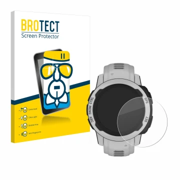 Front side of a product packaging with the brand logo BROTECT. Next to it is the device Garmin Instinct 2S Solar (40 mm) shown