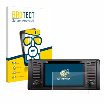 Front side of a product packaging with the brand logo BROTECT. Next to it is the device Xtrons IQ7039B shown with the correspo