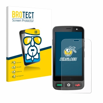 Front side of a product packaging with the brand logo BROTECT. Next to it is the device Brondi Amico Pocket shown with the cor