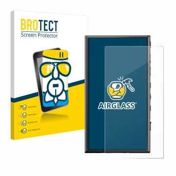 Front side of a product packaging with the brand logo BROTECT. Next to it is the device Sony Walkman NW-A306 shown with the co