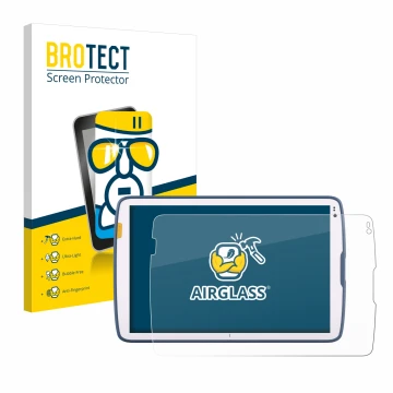 Front side of a product packaging with the brand logo BROTECT. Next to it is the device Zebra ET40 10.1