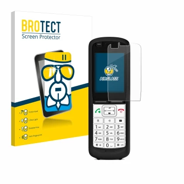Front side of a product packaging with the brand logo BROTECT. Next to it is the device Unify OpenScape DECT Phone R6 shown wi