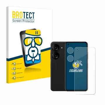Front side of a product packaging with the brand logo BROTECT. Next to it is the device ASUS ZenFone 10 (Front+Camera) shown w
