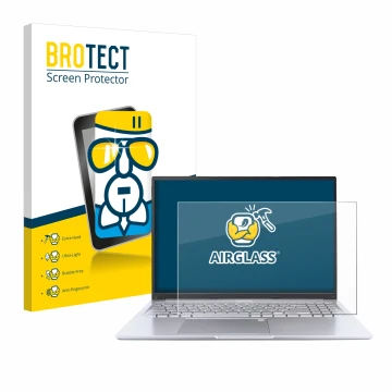 Front side of a product packaging with the brand logo BROTECT. Next to it is the device ASUS Vivobook 16 M1605 shown with the 