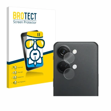 Front side of a product packaging with the brand logo BROTECT. Next to it is the device OnePlus Nord 3 5G (ONLY Camera Lens) s
