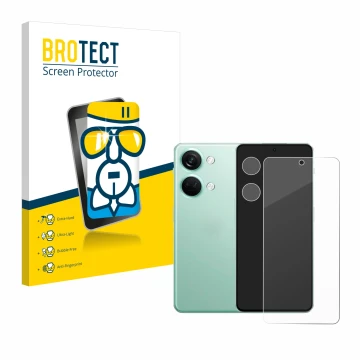 Front side of a product packaging with the brand logo BROTECT. Next to it is the device OnePlus Nord 3 5G (Front+Camera) shown