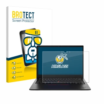 Front side of a product packaging with the brand logo BROTECT. Next to it is the device Lenovo ThinkPad L13 Gen 4 Touch shown 