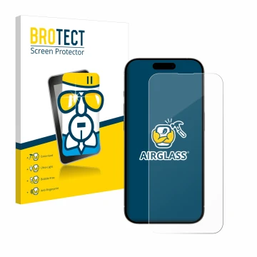 Front side of a product packaging with the brand logo BROTECT. Next to it is the device Apple iPhone 15 Plus shown with the co