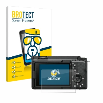 Front side of a product packaging with the brand logo BROTECT. Next to it is the device Sony Alpha ZV-E1 shown with the corres