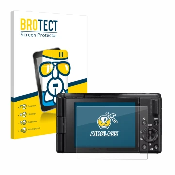 Front side of a product packaging with the brand logo BROTECT. Next to it is the device Sony ZV-1M2 shown with the correspondi