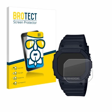 Front side of a product packaging with the brand logo BROTECT. Next to it is the device Casio G-Shock GMD-S5600 shown with the