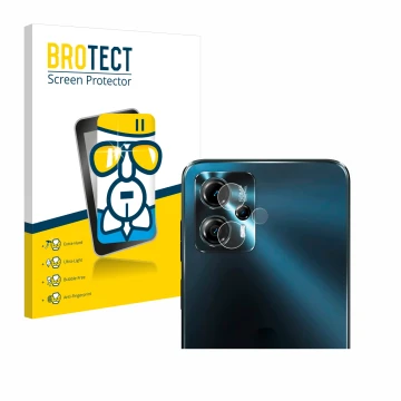Front side of a product packaging with the brand logo BROTECT. Next to it is the device Motorola Moto G13 (ONLY Camera Lens) s