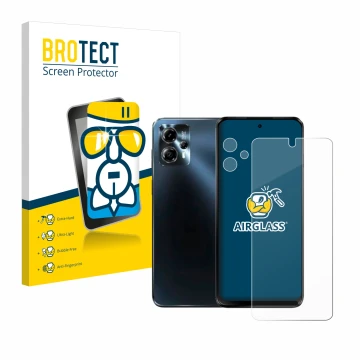 Front side of a product packaging with the brand logo BROTECT. Next to it is the device Motorola Moto G13 (Front+Camera) shown