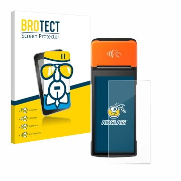 Front side of a product packaging with the brand logo BROTECT. Next to it is the device Sunmi V2 Pro shown with the correspond