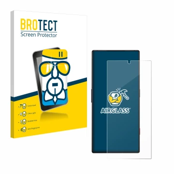 Front side of a product packaging with the brand logo BROTECT. Next to it is the device ZTE Nubia Red Magic 8S Pro shown with 