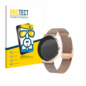 Front side of a product packaging with the brand logo BROTECT. Next to it is the device Xcoast X-Watch Siona 2 shown with the 
