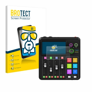 Front side of a product packaging with the brand logo BROTECT. Next to it is the device Rode Rodecaster Duo shown with the cor