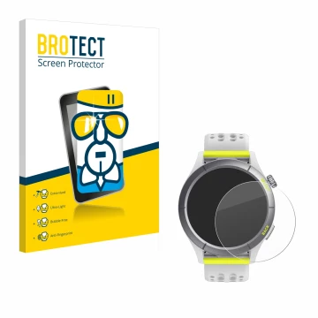 Front side of a product packaging with the brand logo BROTECT. Next to it is the device Huami Amazfit Cheetah shown with the c