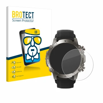 Front side of a product packaging with the brand logo BROTECT. Next to it is the device Huami Amazfit Falcon shown with the co