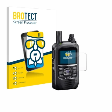 Front side of a product packaging with the brand logo BROTECT. Next to it is the device Icom ID-50E shown with the correspondi