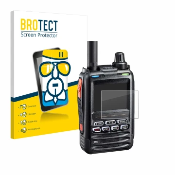 Front side of a product packaging with the brand logo BROTECT. Next to it is the device Yaesu FT-5DE/DR shown with the corresp