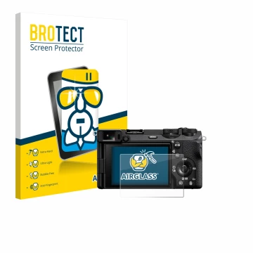 Front side of a product packaging with the brand logo BROTECT. Next to it is the device Sony Alpha 6700 shown with the corresp