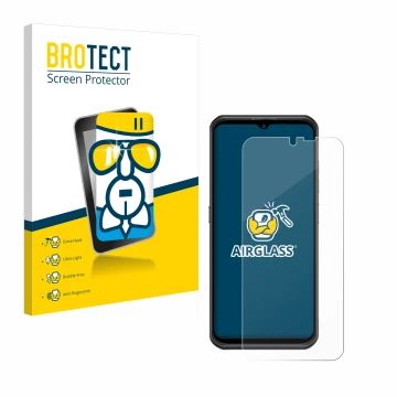 Front side of a product packaging with the brand logo BROTECT. Next to it is the device Ulefone Armor 17 Pro shown with the co