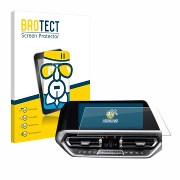 Front side of a product packaging with the brand logo BROTECT. Next to it is the device BMW 3 G20 2020 shown with the correspo