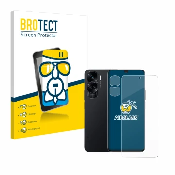 Front side of a product packaging with the brand logo BROTECT. Next to it is the device Honor 90 Lite (Front+Camera) shown wit