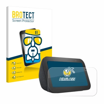 Front side of a product packaging with the brand logo BROTECT. Next to it is the device Amazon Echo Show 5 (3th Gen.) shown wi