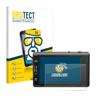 Front side of a product packaging with the brand logo BROTECT. Next to it is the device tinySA ultra spectrum analyser shown w