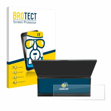 Front side of a product packaging with the brand logo BROTECT. Next to it is the device ASUS ROG Zephyrus Duo 16 2023 (ONLY To