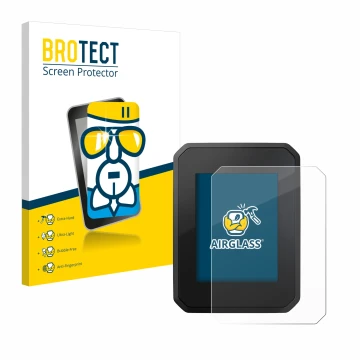 Front side of a product packaging with the brand logo BROTECT. Next to it is the device FIT Display Compact shown with the cor