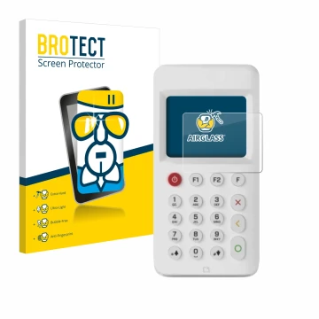Front side of a product packaging with the brand logo BROTECT. Next to it is the device myPOS Go 2 shown with the correspondin